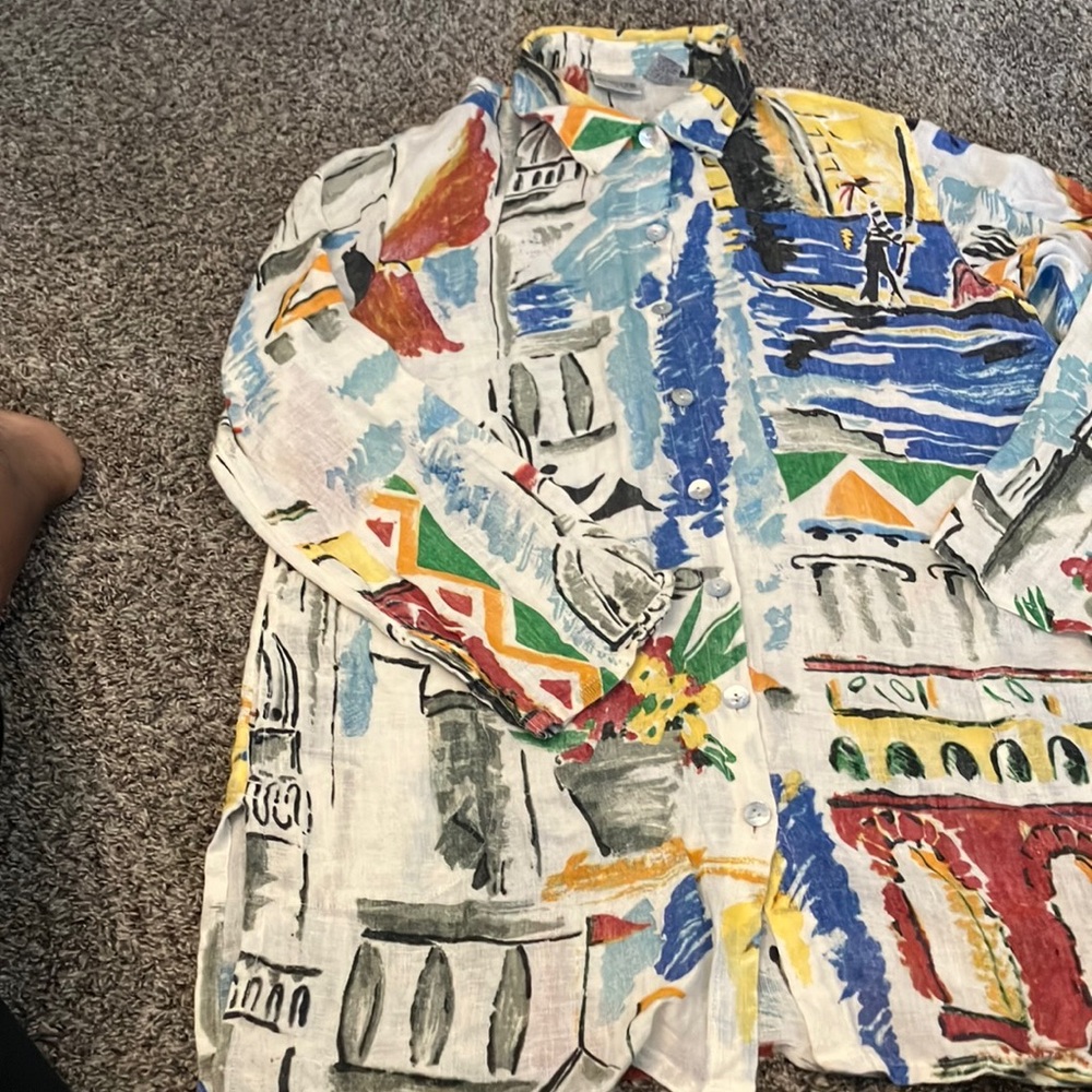Chico's Multicolor Abstract Linen Button Down Shi… - image 3